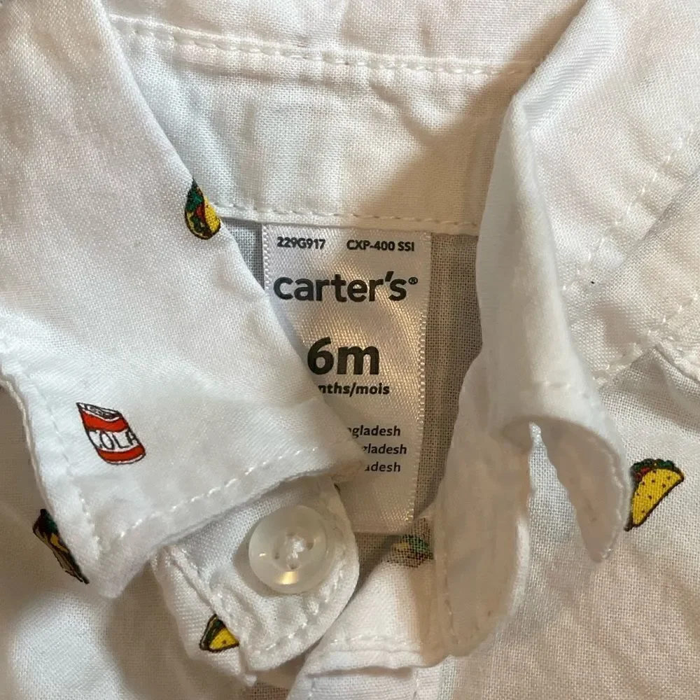 Carters Button Down Collard Shirt BBQ Themed Cola Taco Hamburger 6 months